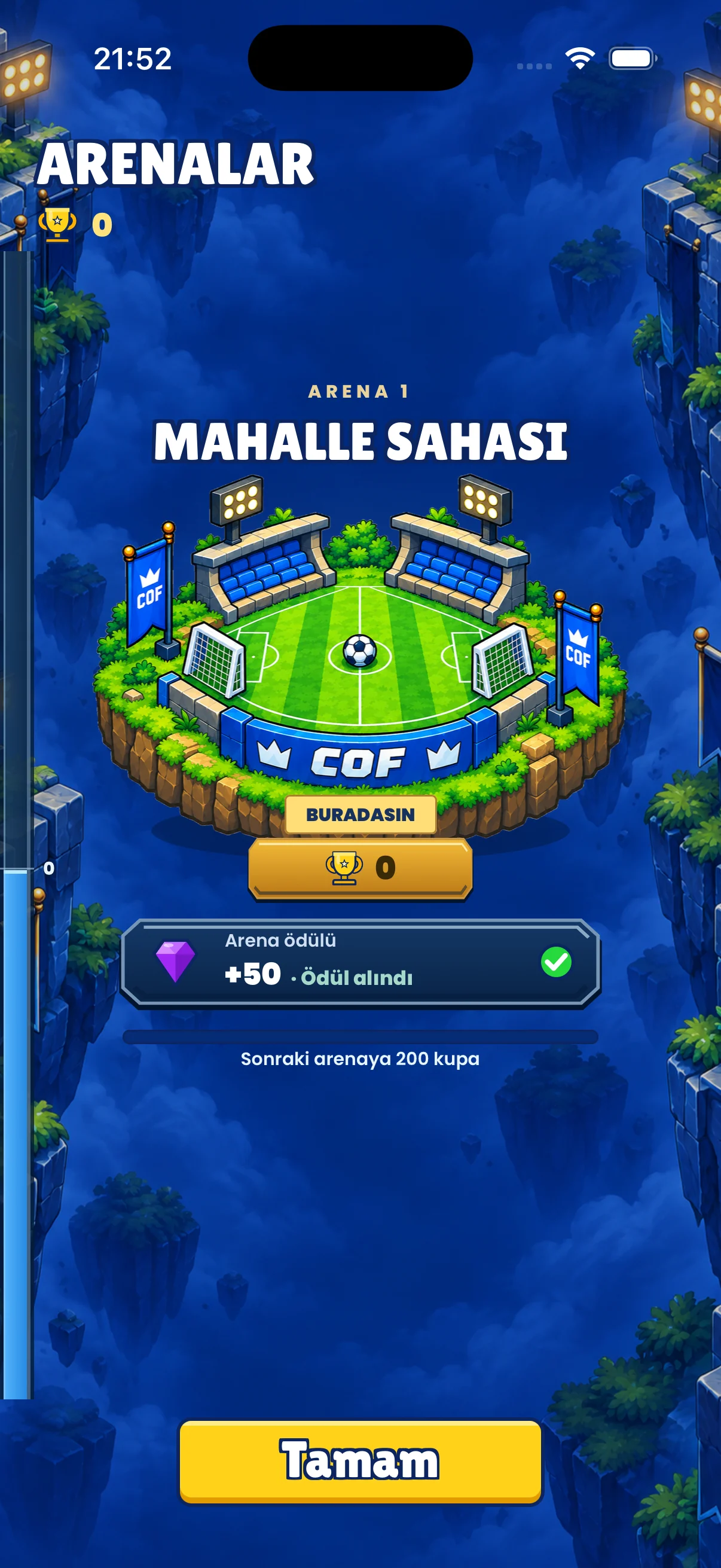 Güncel arena ekranı: Mahalle Sahası ve kupa ilerlemesi
