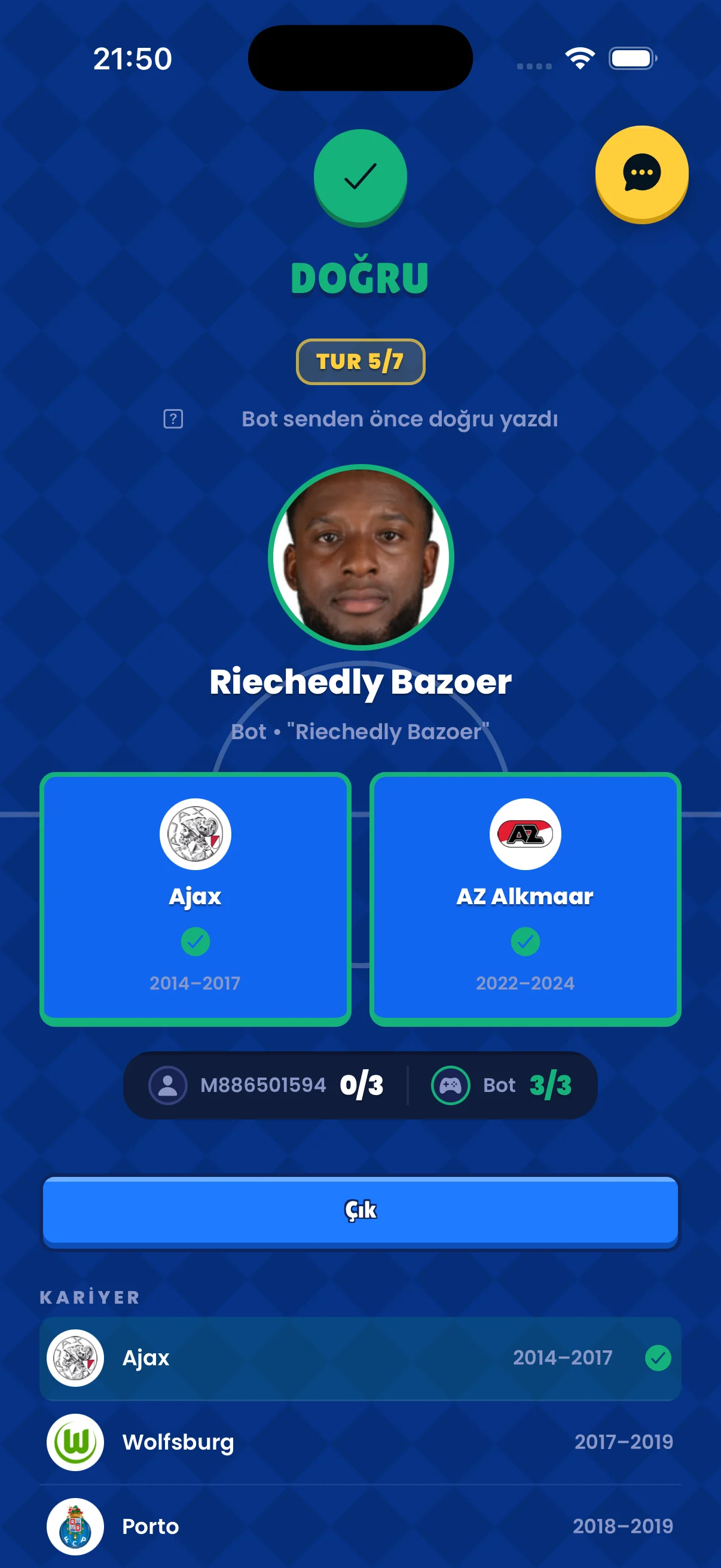 Actual bot practice result and recorded career, Turkish interface