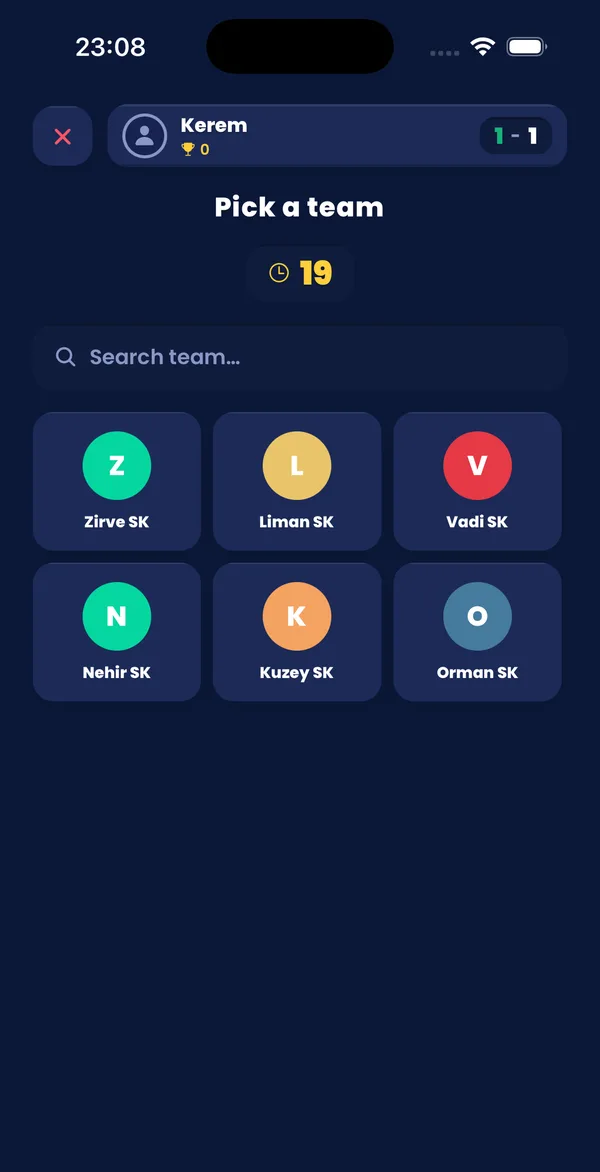Team pick screen with search field and club cards