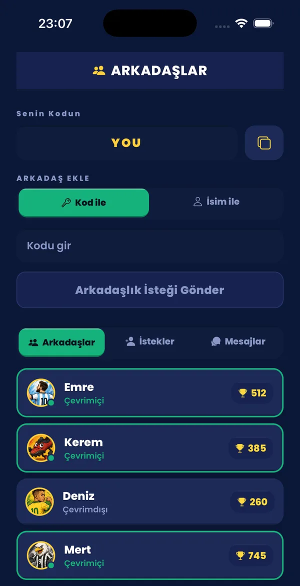 Arkadaşlar ekranı: arkadaş listesi ve dostluk maçı daveti