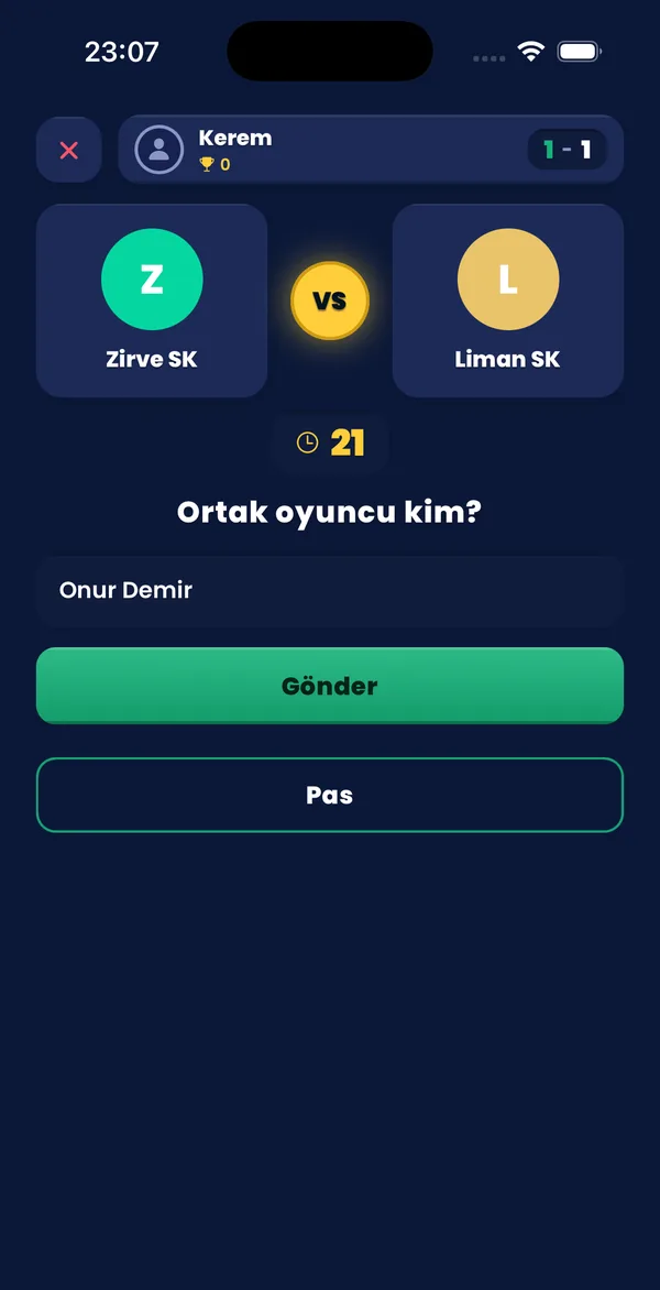Tahmin ekranı: iki kulüp ve cevap alanı