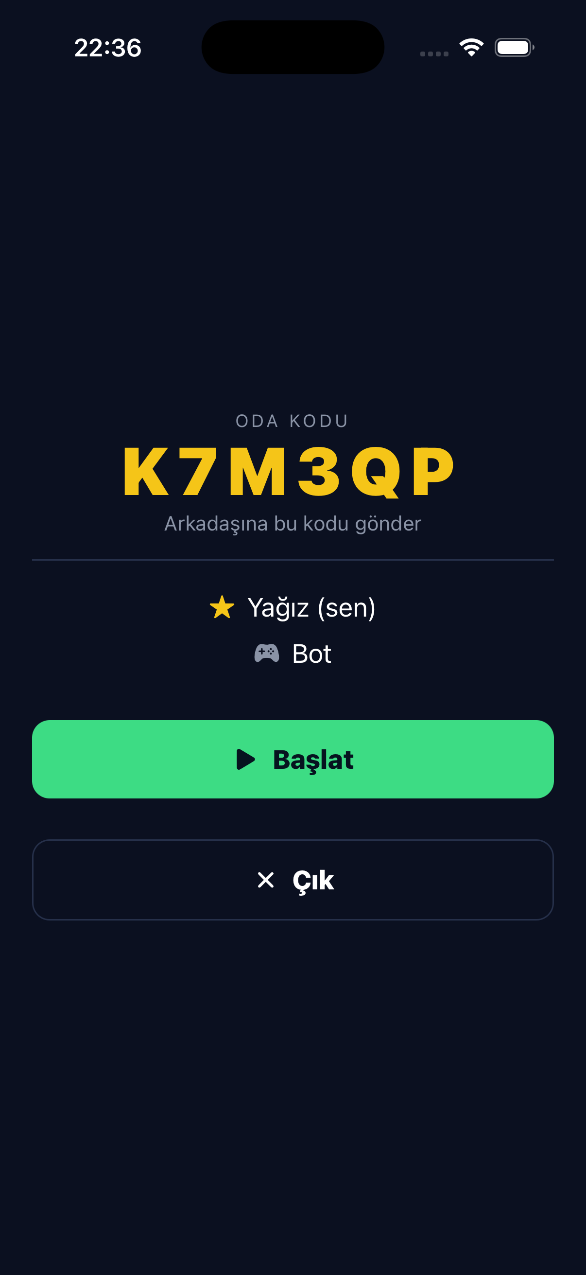 Oda kodu ekranı